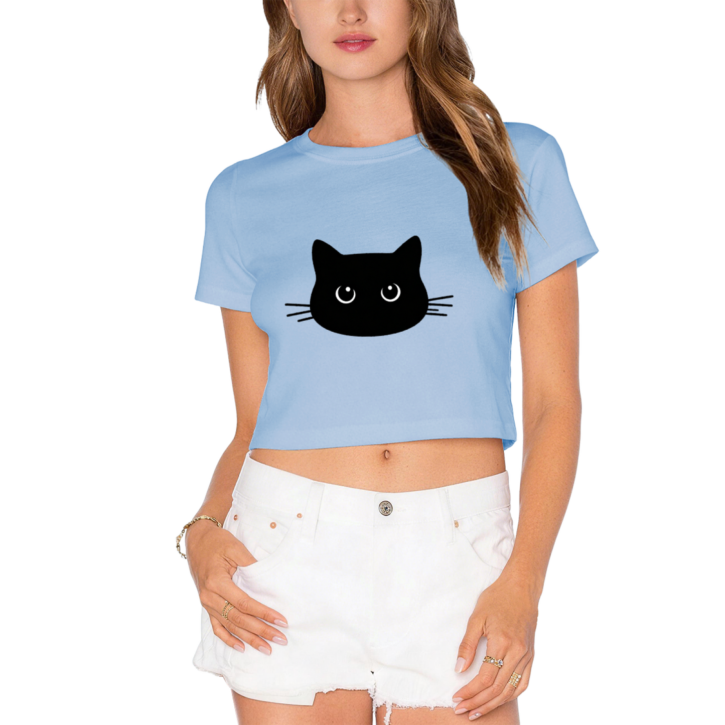 Cute Black Cat Face Lime Green Cropped  Tee ¨C Minimalist Kitty Graphic Top