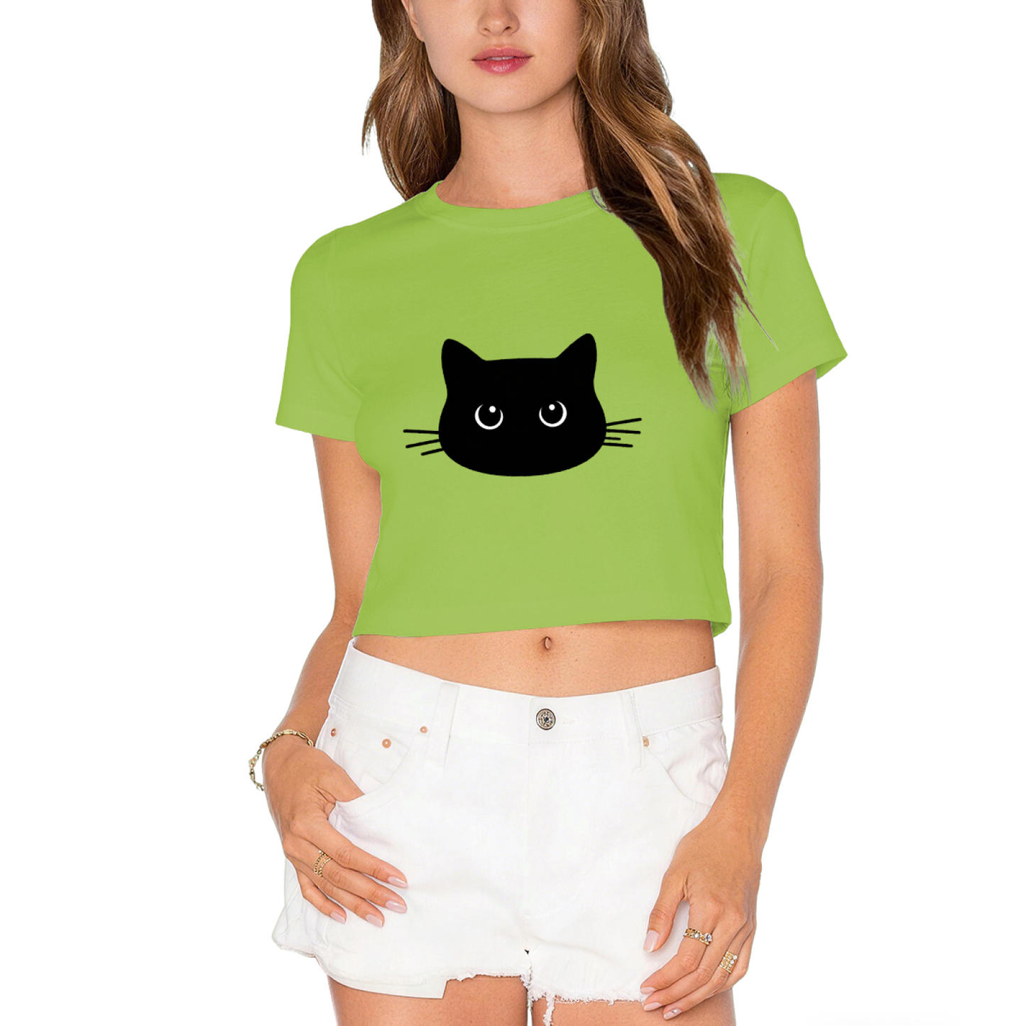 Cute Black Cat Face Lime Green Cropped  Tee ¨C Minimalist Kitty Graphic Top