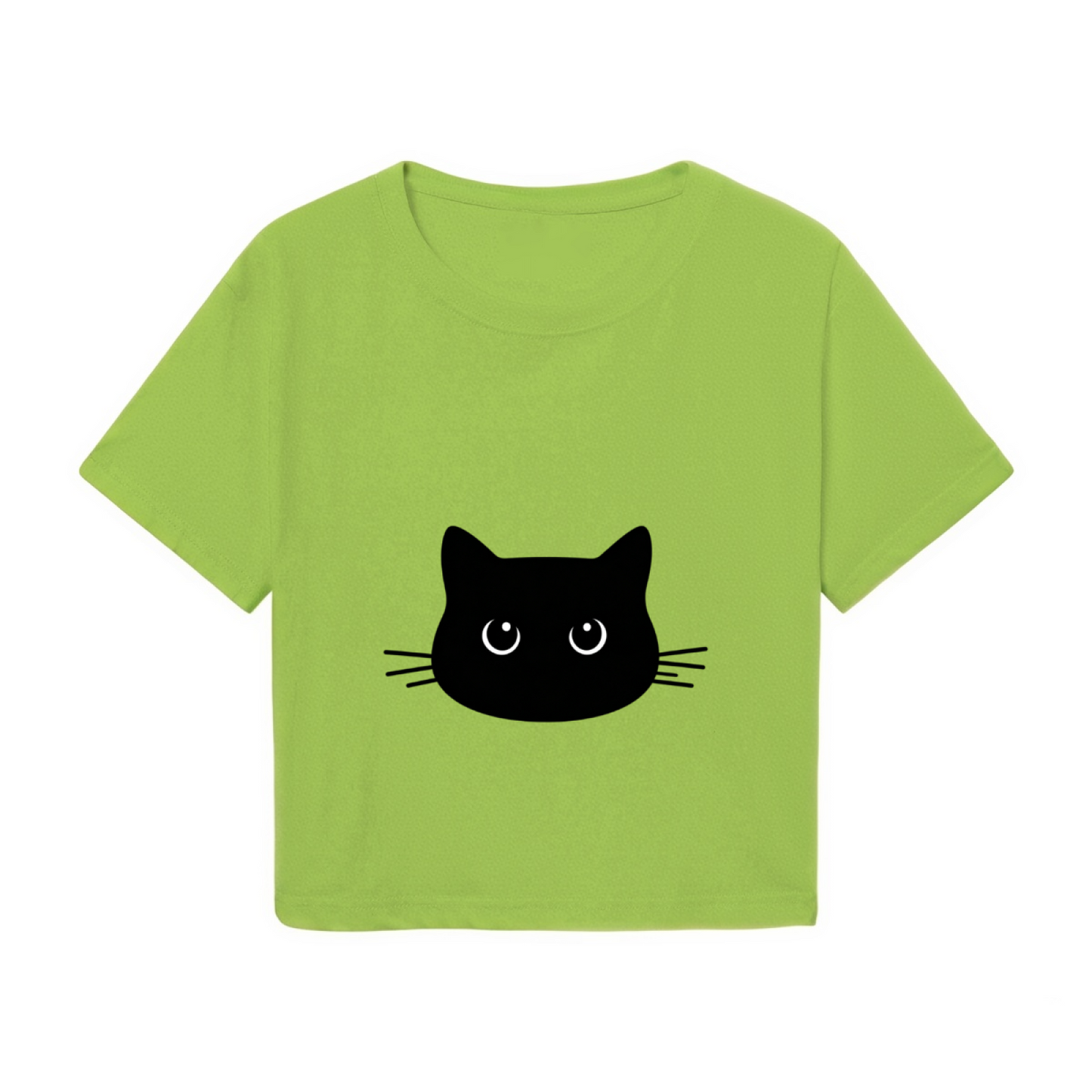Cute Black Cat Face Lime Green Cropped  Tee ¨C Minimalist Kitty Graphic Top