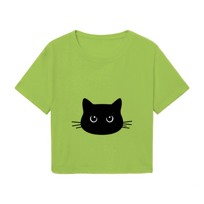 Cute Black Cat Face Lime Green Cropped  Tee ¨C Minimalist Kitty Graphic Top
