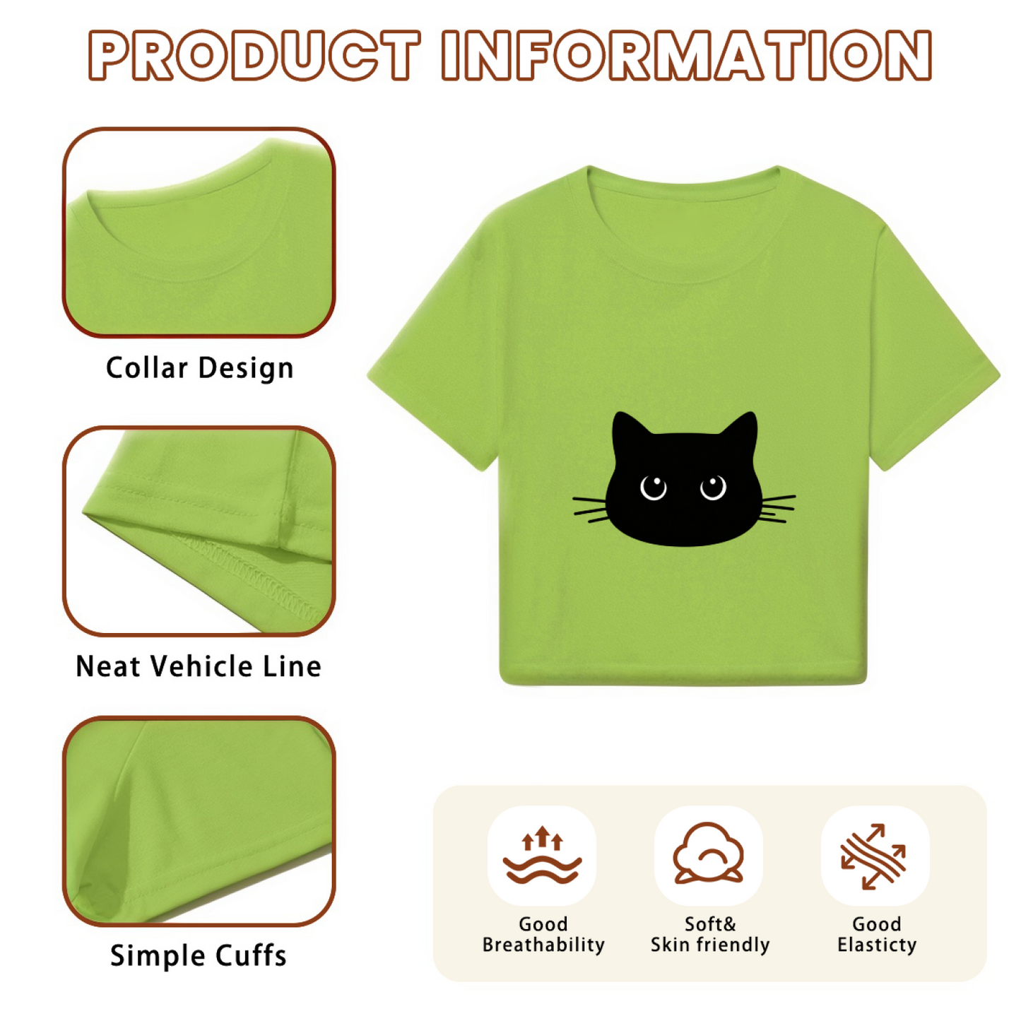 Cute Black Cat Face Lime Green Cropped  Tee ¨C Minimalist Kitty Graphic Top