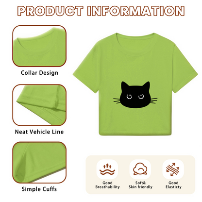Cute Black Cat Face Lime Green Cropped  Tee ¨C Minimalist Kitty Graphic Top