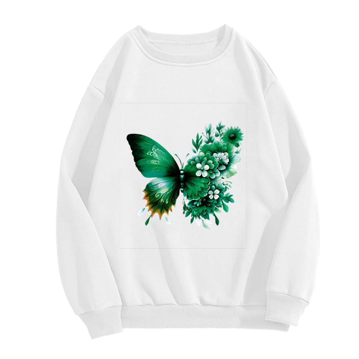 Fresh Green Flower?Butterfly Vivid Print Crewneck Sweatshirt