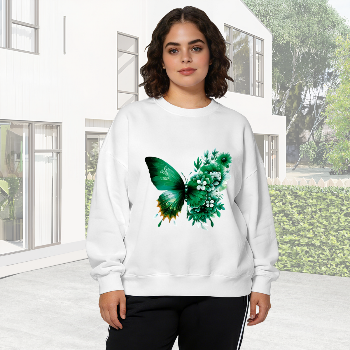 Fresh Green Flower?Butterfly Vivid Print Crewneck Sweatshirt