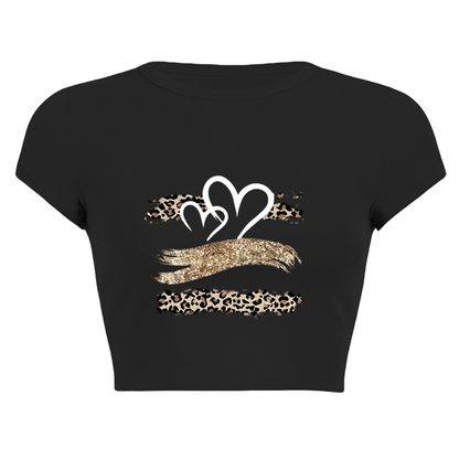 Leopard Glitter Brush Double Heart Gothic Black Crop Tee