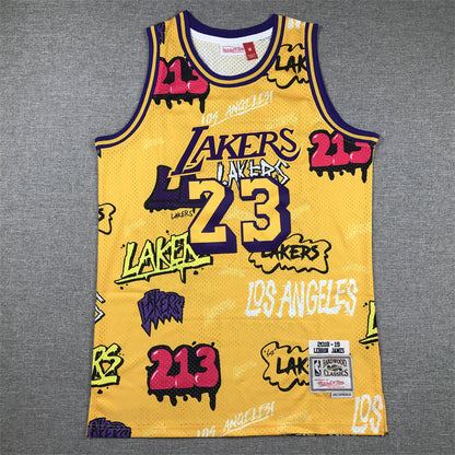 Men's Los Angeles Lakers LeBron James #23 Yellow Swingman Graffiti Edition Jerseys
