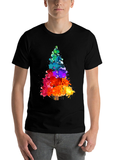 Rainbow Splatter Christmas Tree Black T-Shirt