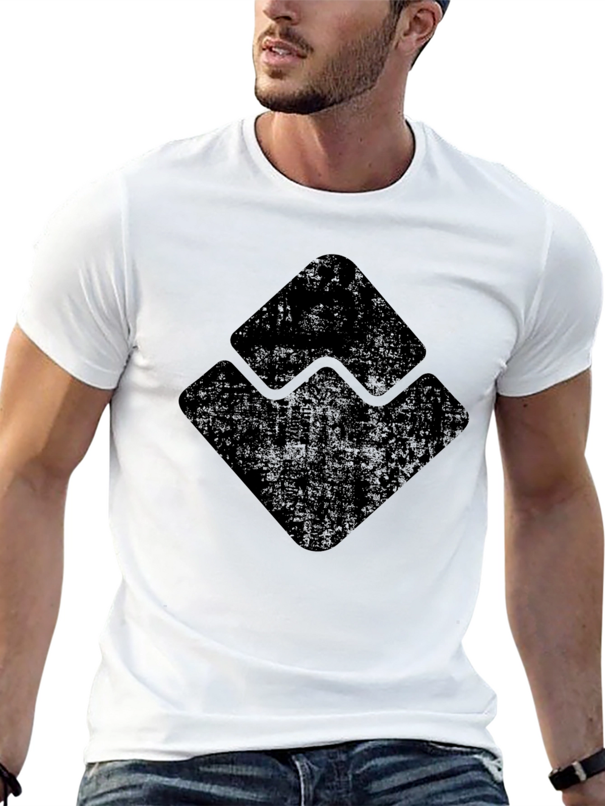 Mens Black Graphic Tee - Distressed Geometric Design