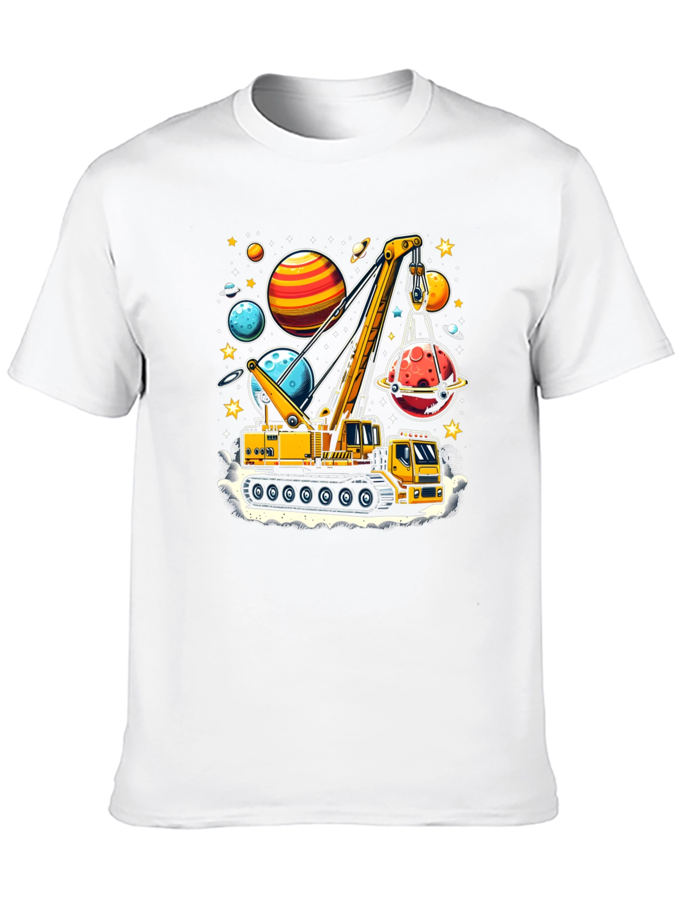 Crane Lifting Planets Graphic T-Shirt
