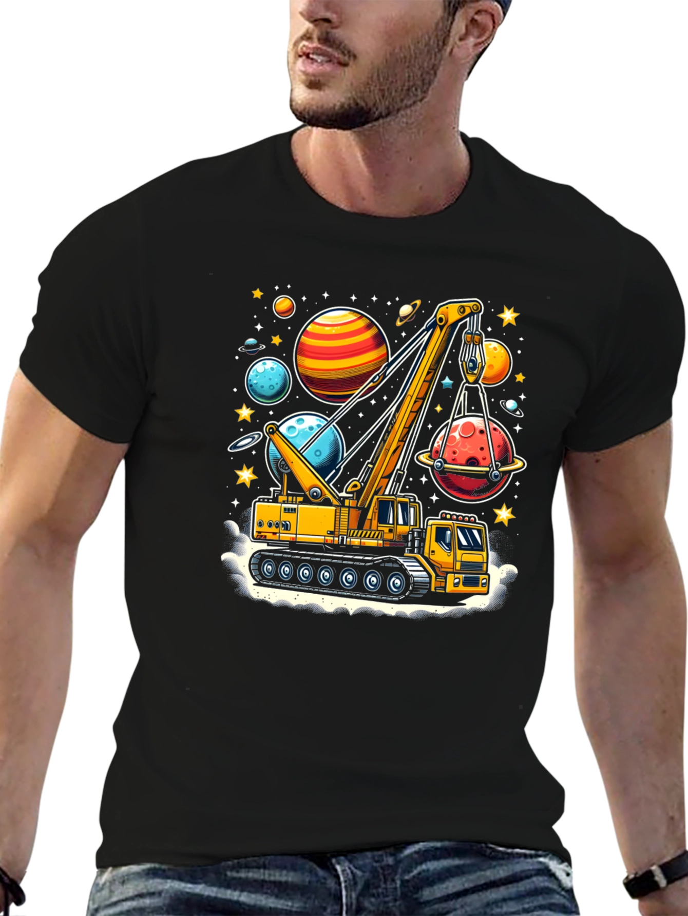 Crane Lifting Planets Graphic T-Shirt