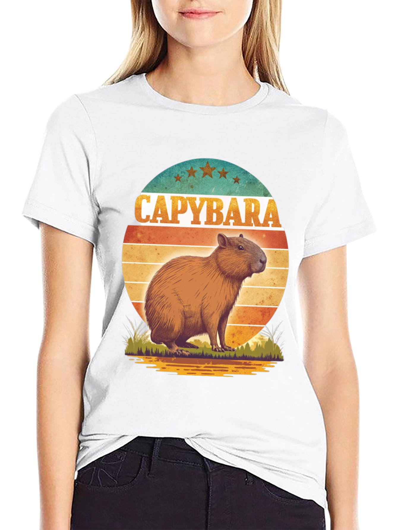 Capybara Retro Sunset Graphic Tee