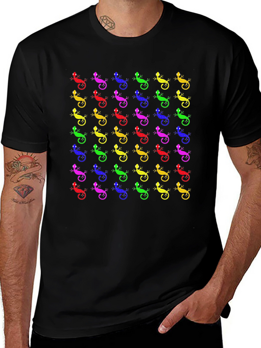 Colorful Lizard Print Black T-Shirt