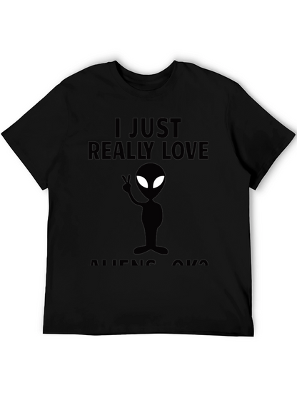 I Just Really Love Aliens Black Graphic Tee