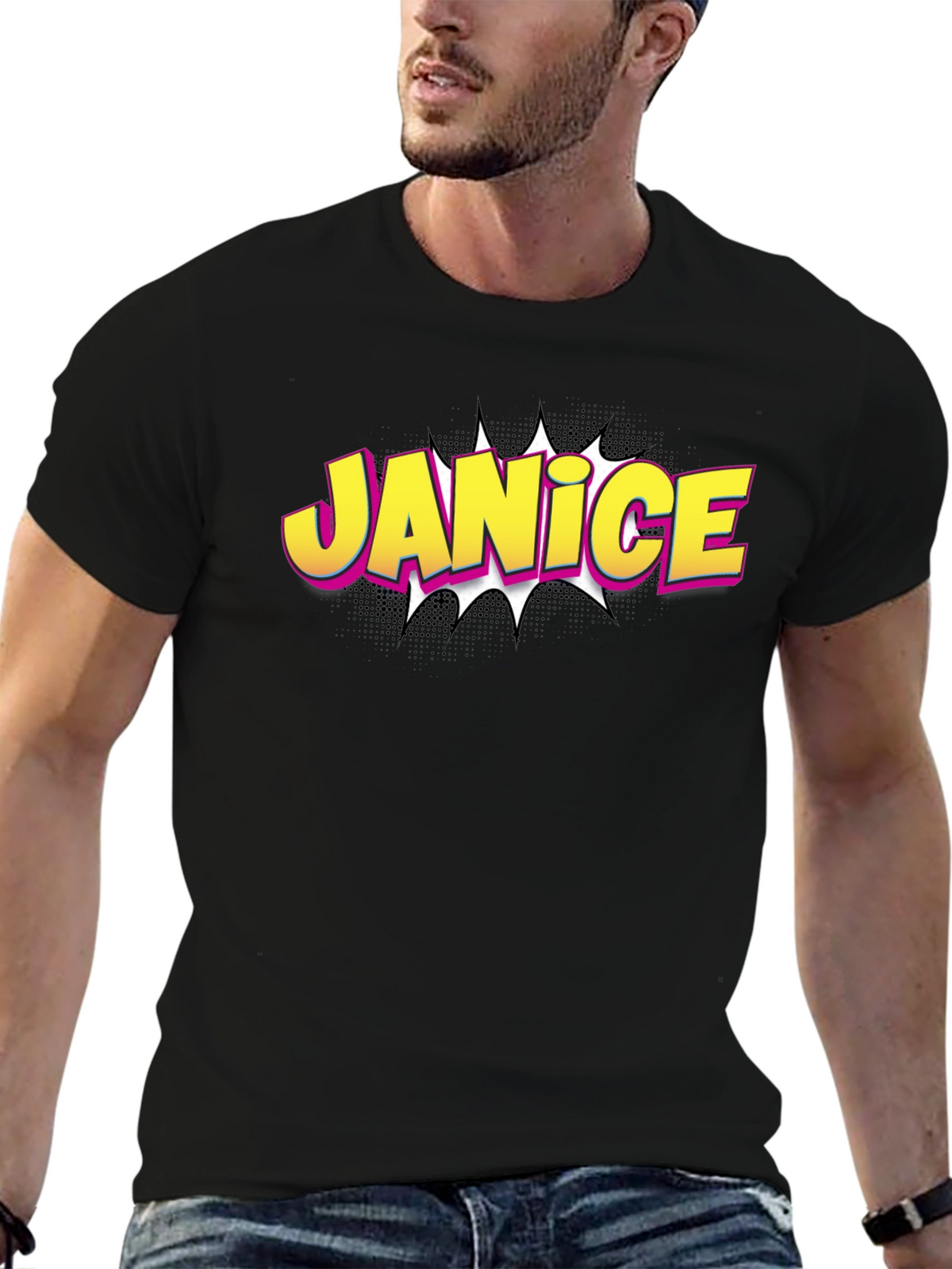 Janice Comic Book Style Black T-Shirt