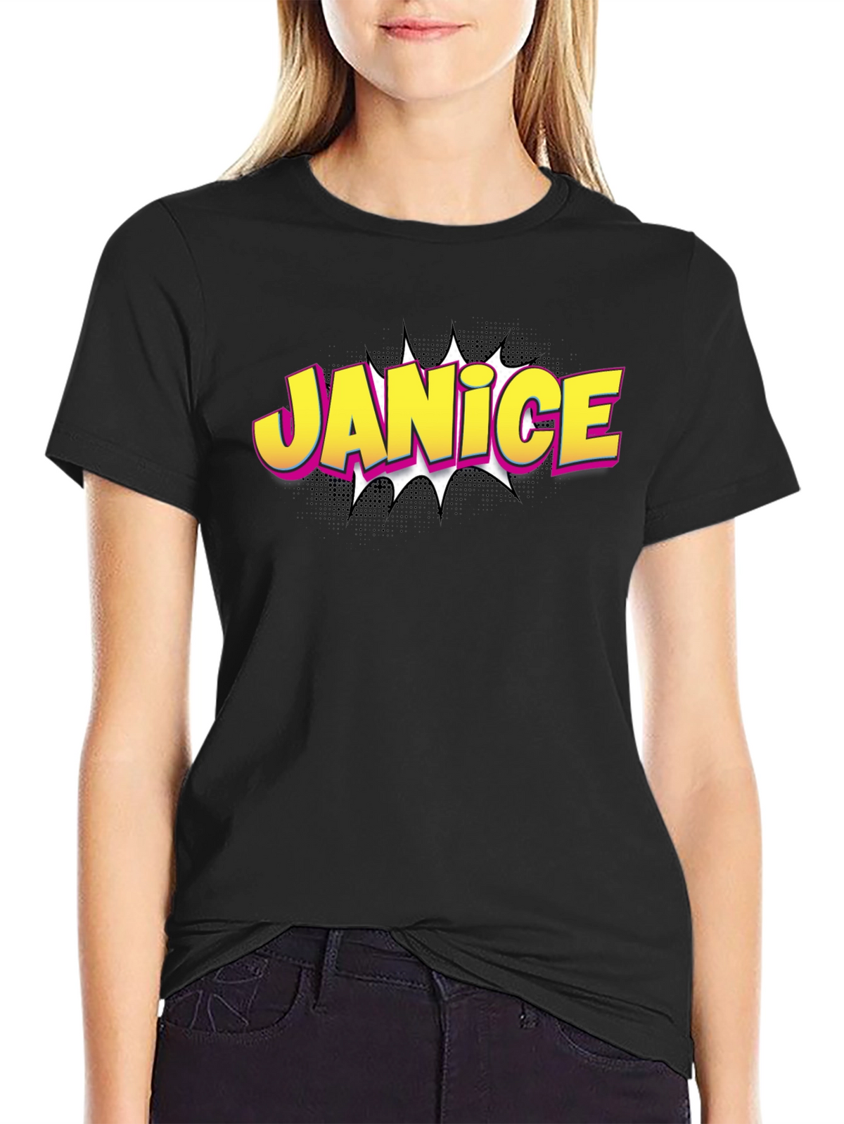 Janice Comic Book Style Black T-Shirt
