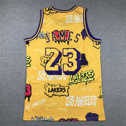 Men's Los Angeles Lakers LeBron James #23 Yellow Swingman Graffiti Edition Jerseys