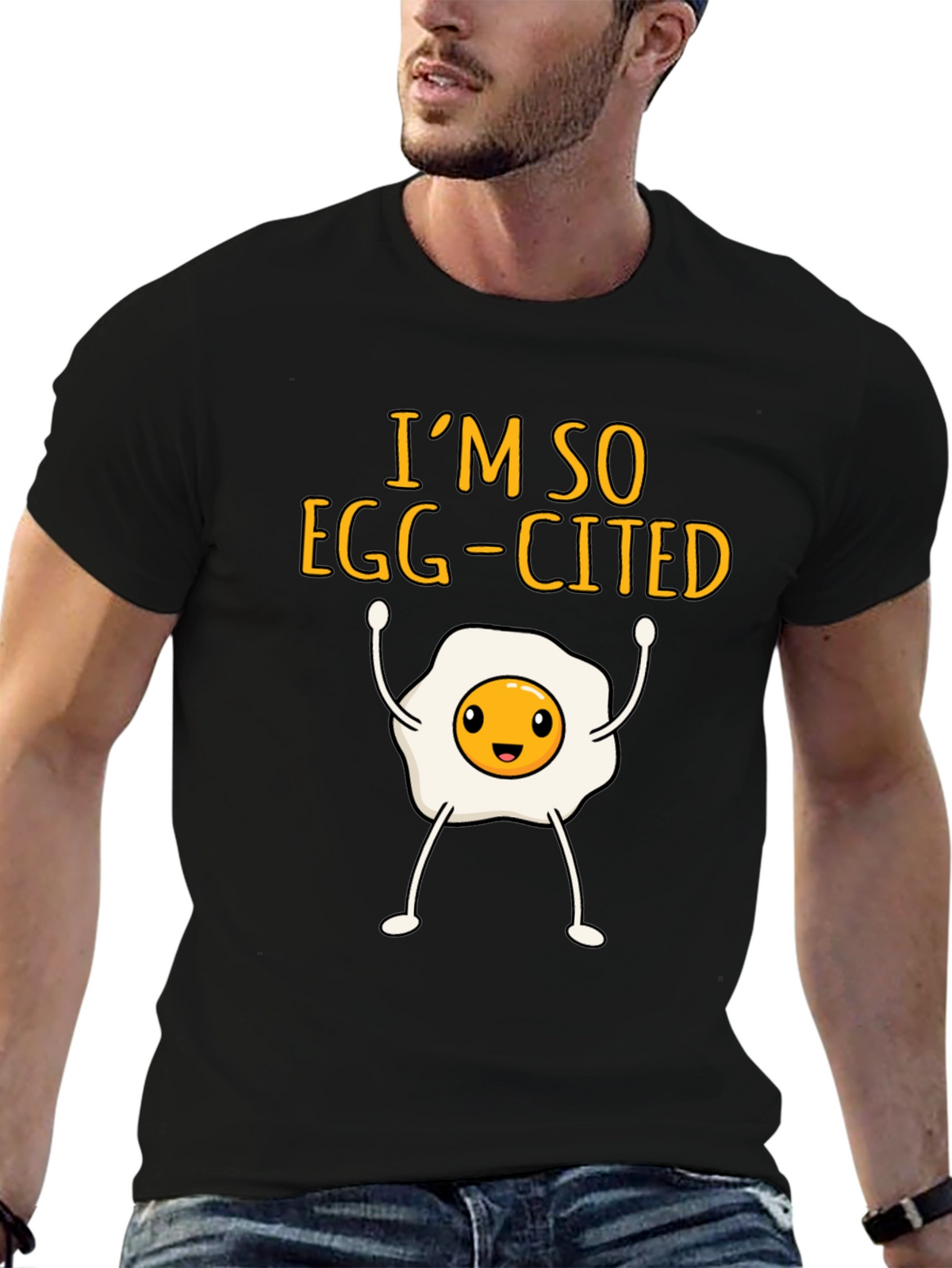 Egg-Cited Black T-Shirt: Funny Foodie Apparel