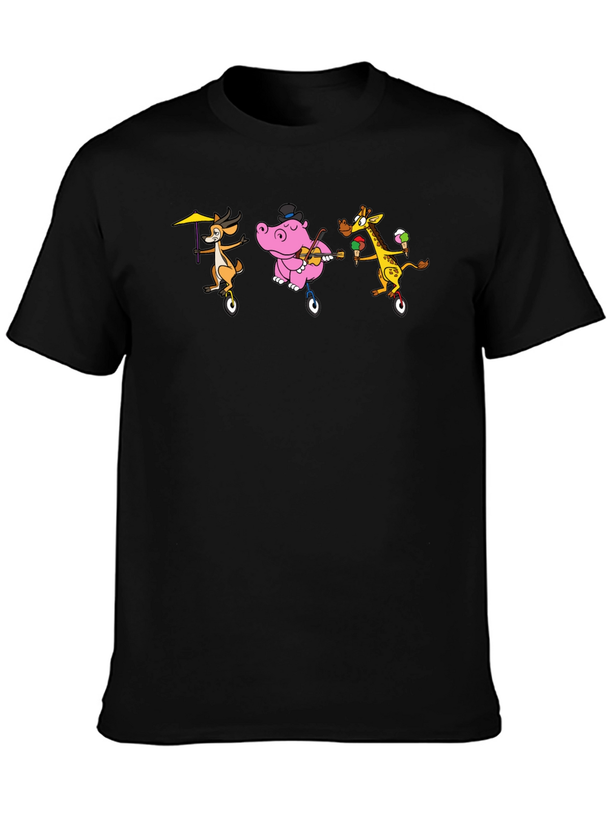 Cartoon Animal Unicycle Black T-Shirt