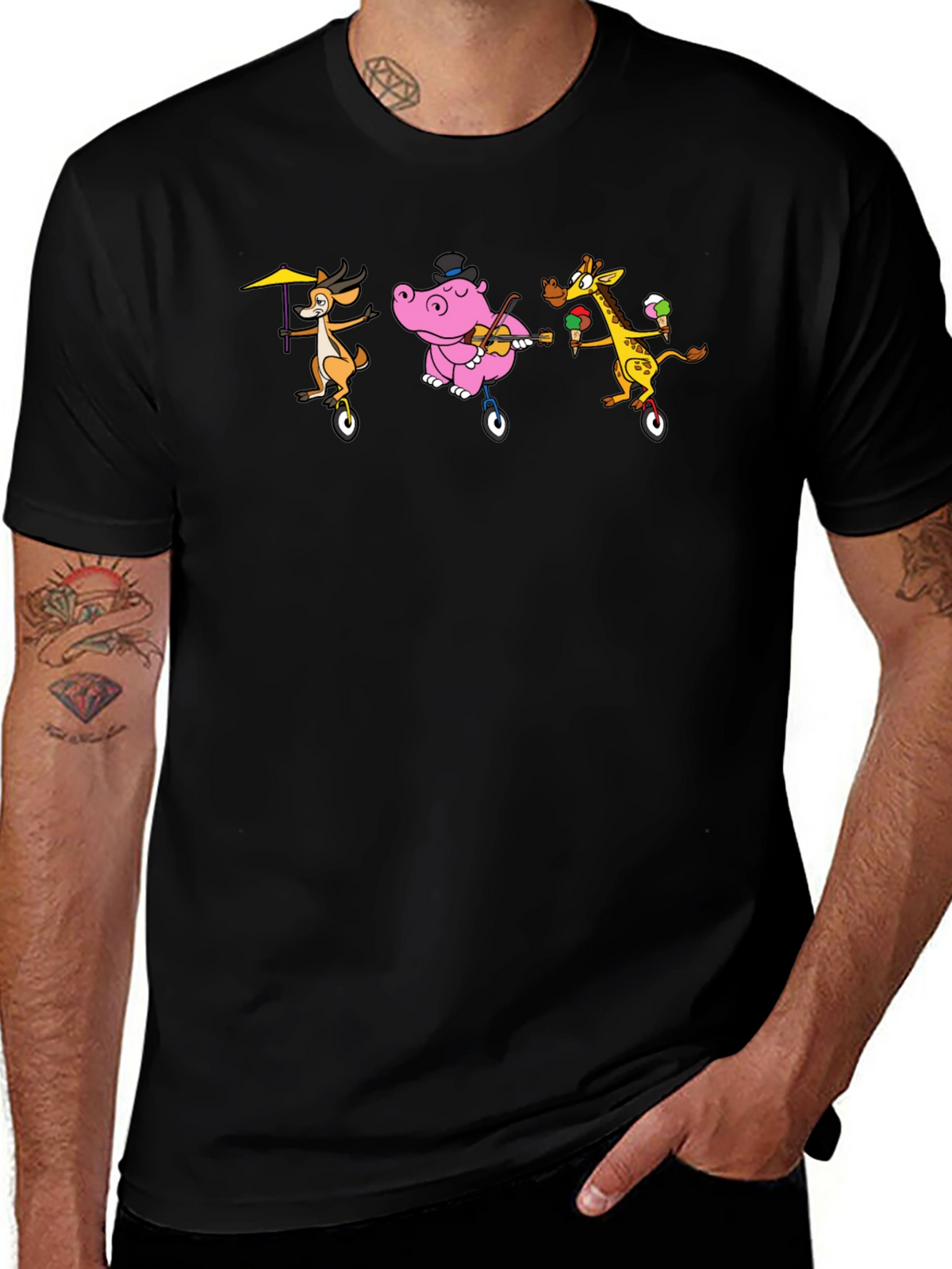 Cartoon Animal Unicycle Black T-Shirt