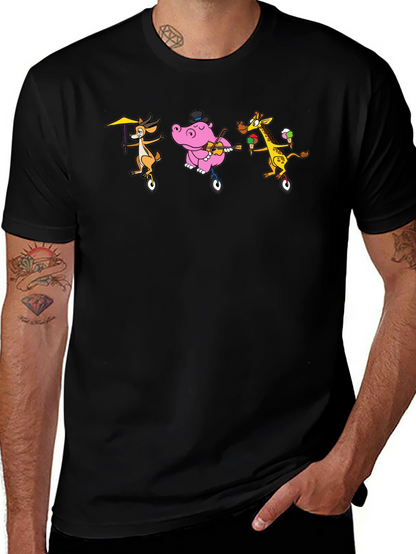 Cartoon Animal Unicycle Black T-Shirt