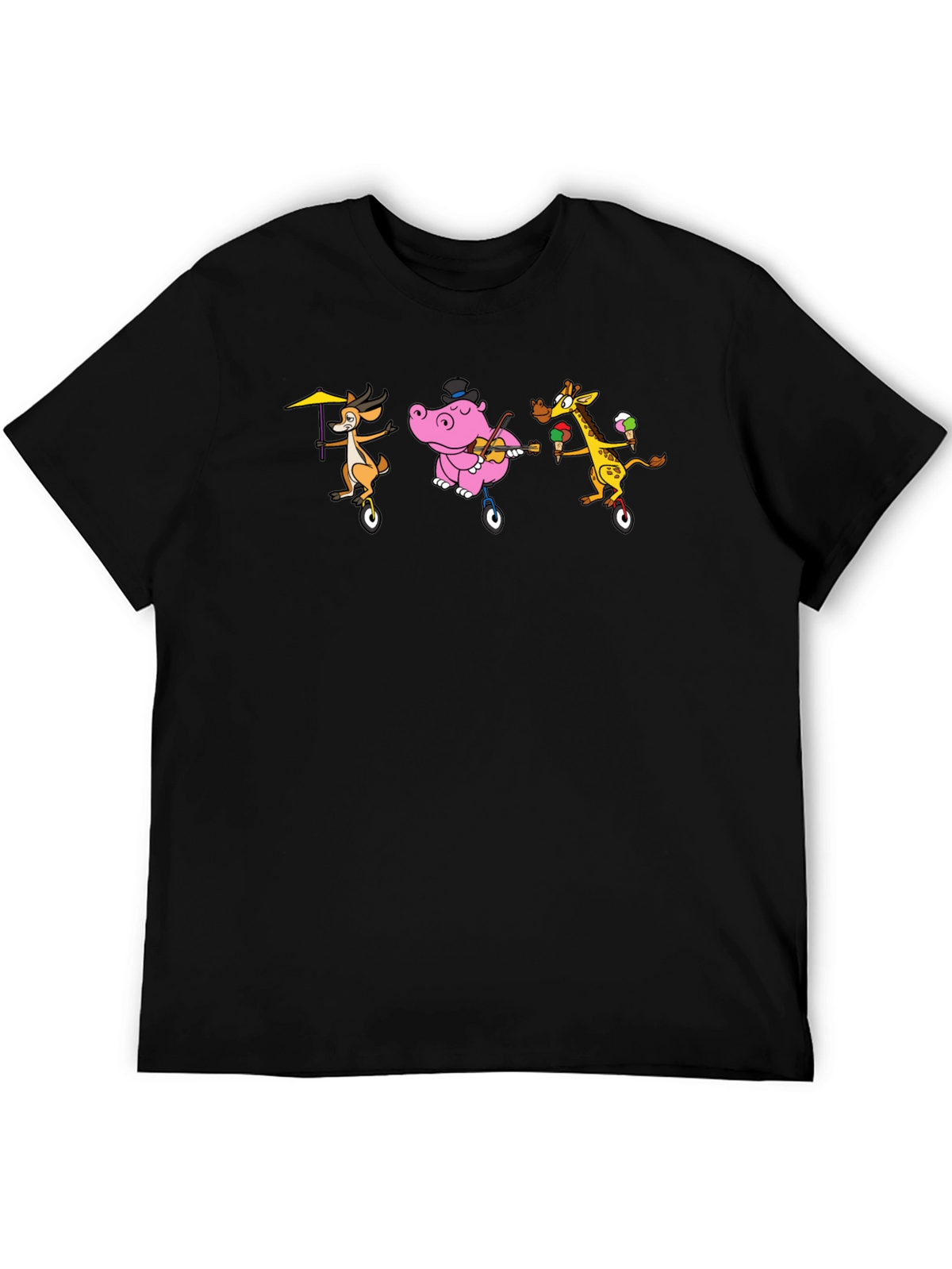 Cartoon Animal Unicycle Black T-Shirt