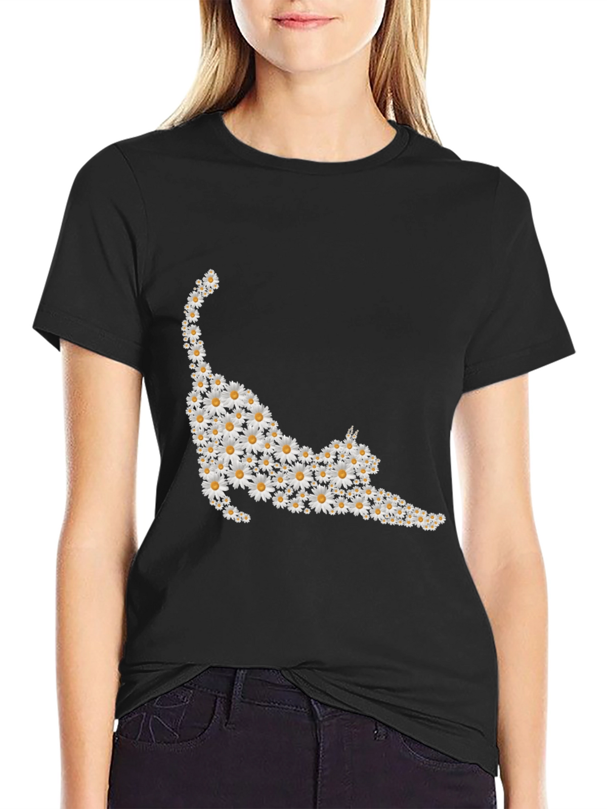 Daisy Cat T-Shirt - Black Cotton Tee