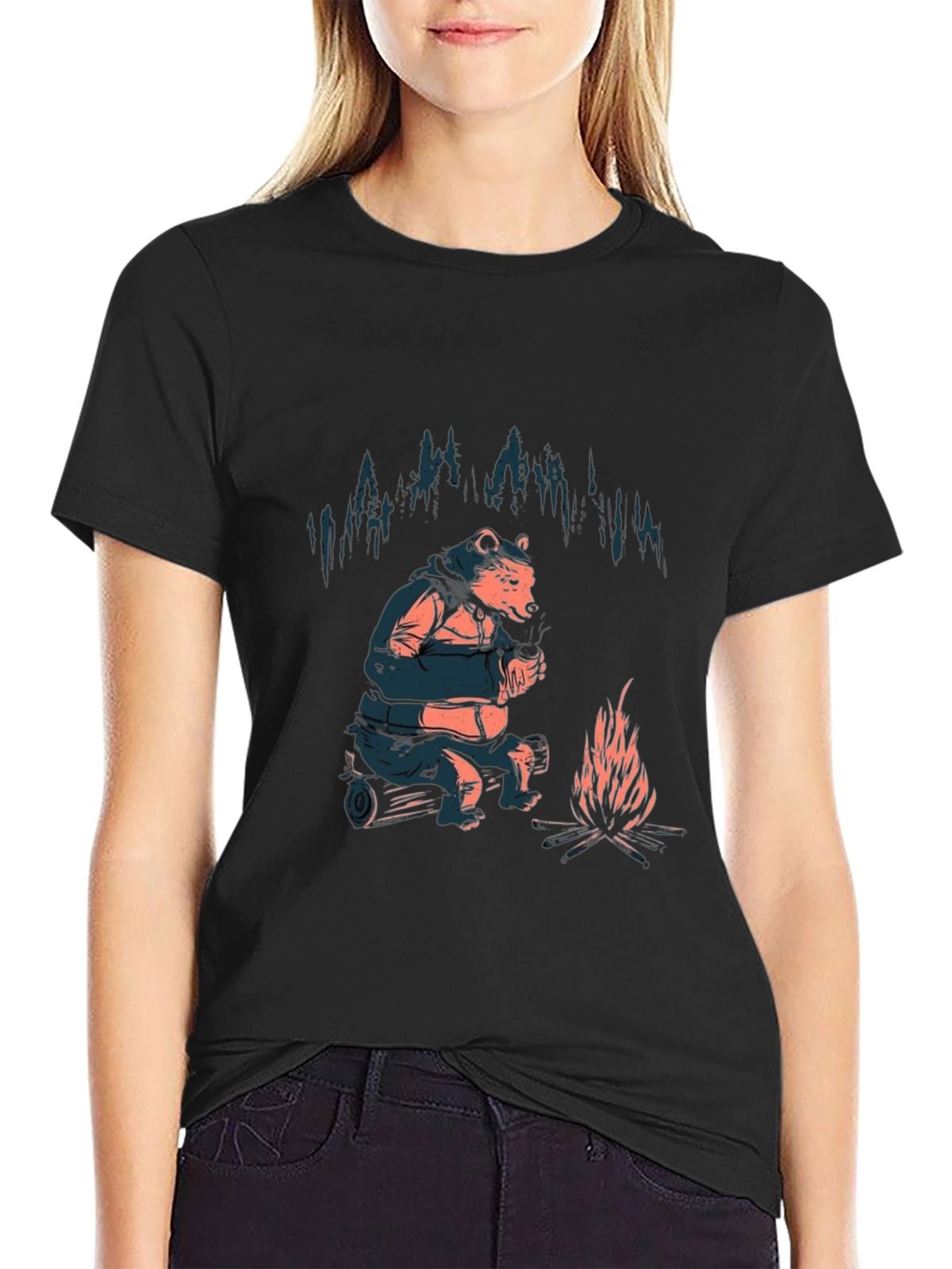 Cozy Bear Campfire T-Shirt - Black Graphic Tee