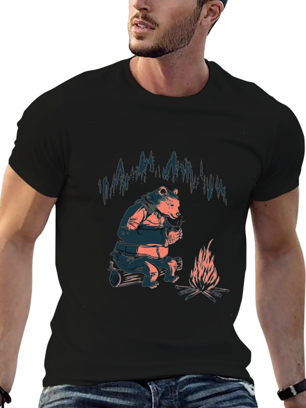 Cozy Bear Campfire T-Shirt - Black Graphic Tee