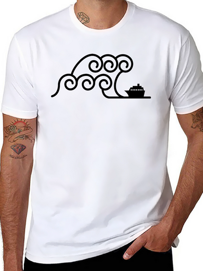 Stylized Wave & Boat Graphic Tee - Black