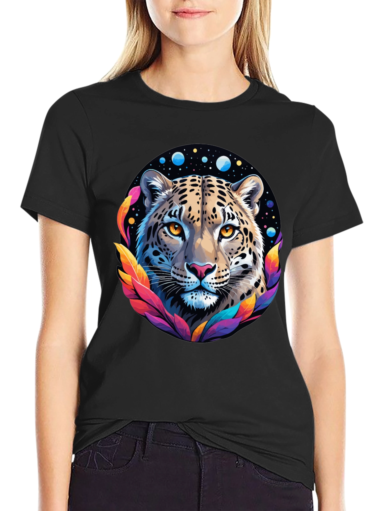 Leopard Galaxy Graphic Print Tee - Stylish Black T-Shirt