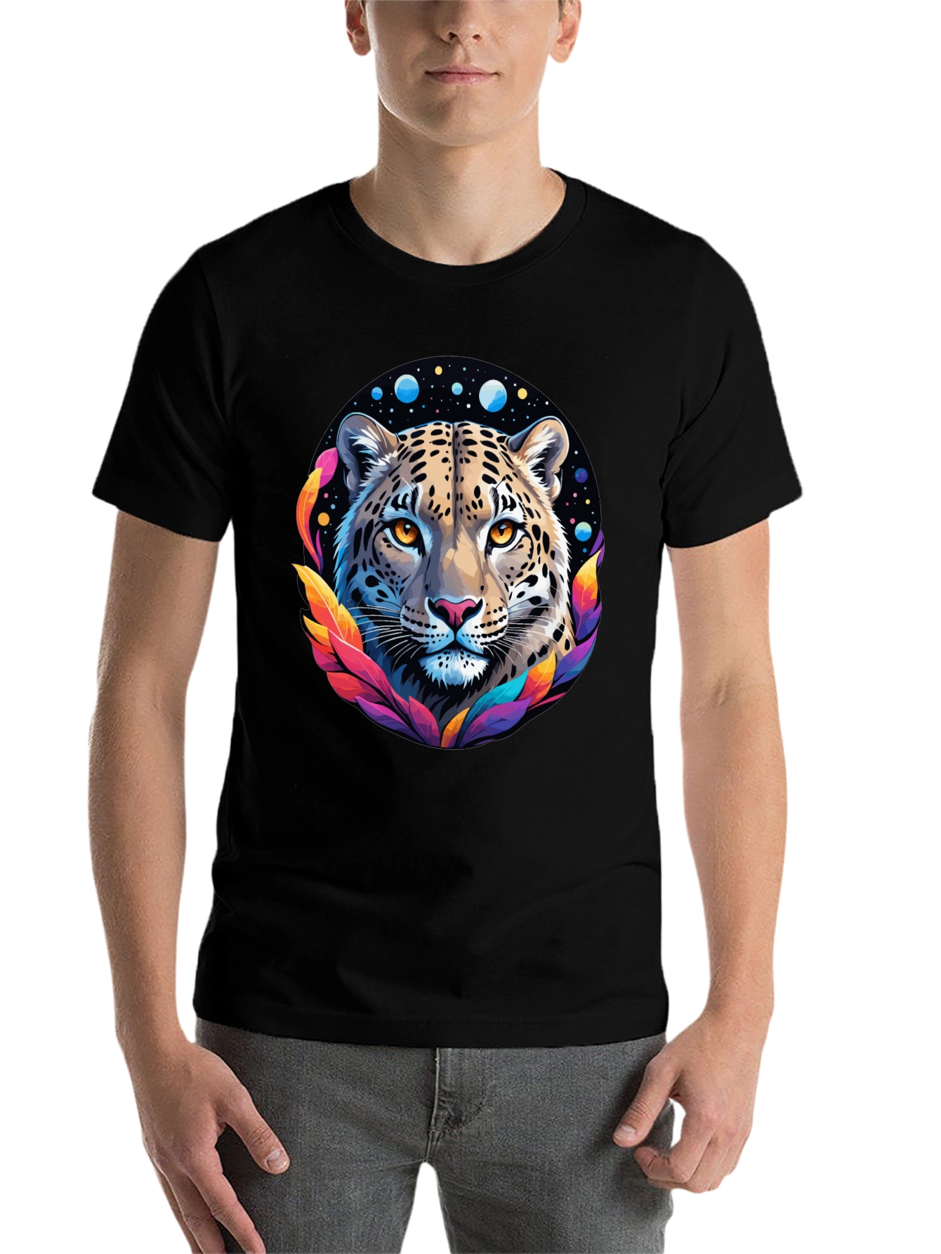Leopard Galaxy Graphic Print Tee - Stylish Black T-Shirt