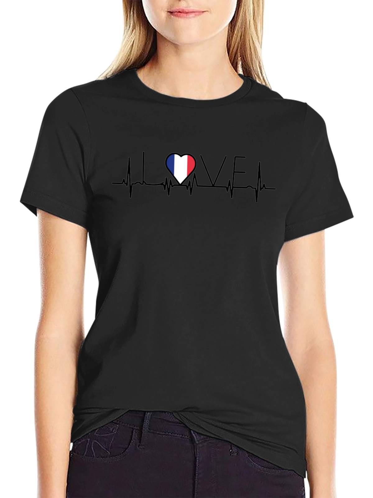 Love France Heartbeat Black T-Shirt