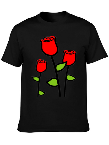 Black T-Shirt with Red Roses Graphic Print