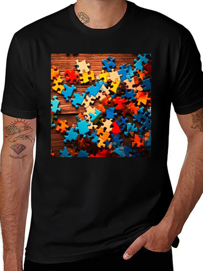 Puzzle Piece Graphic Tee - Black Cotton Blend