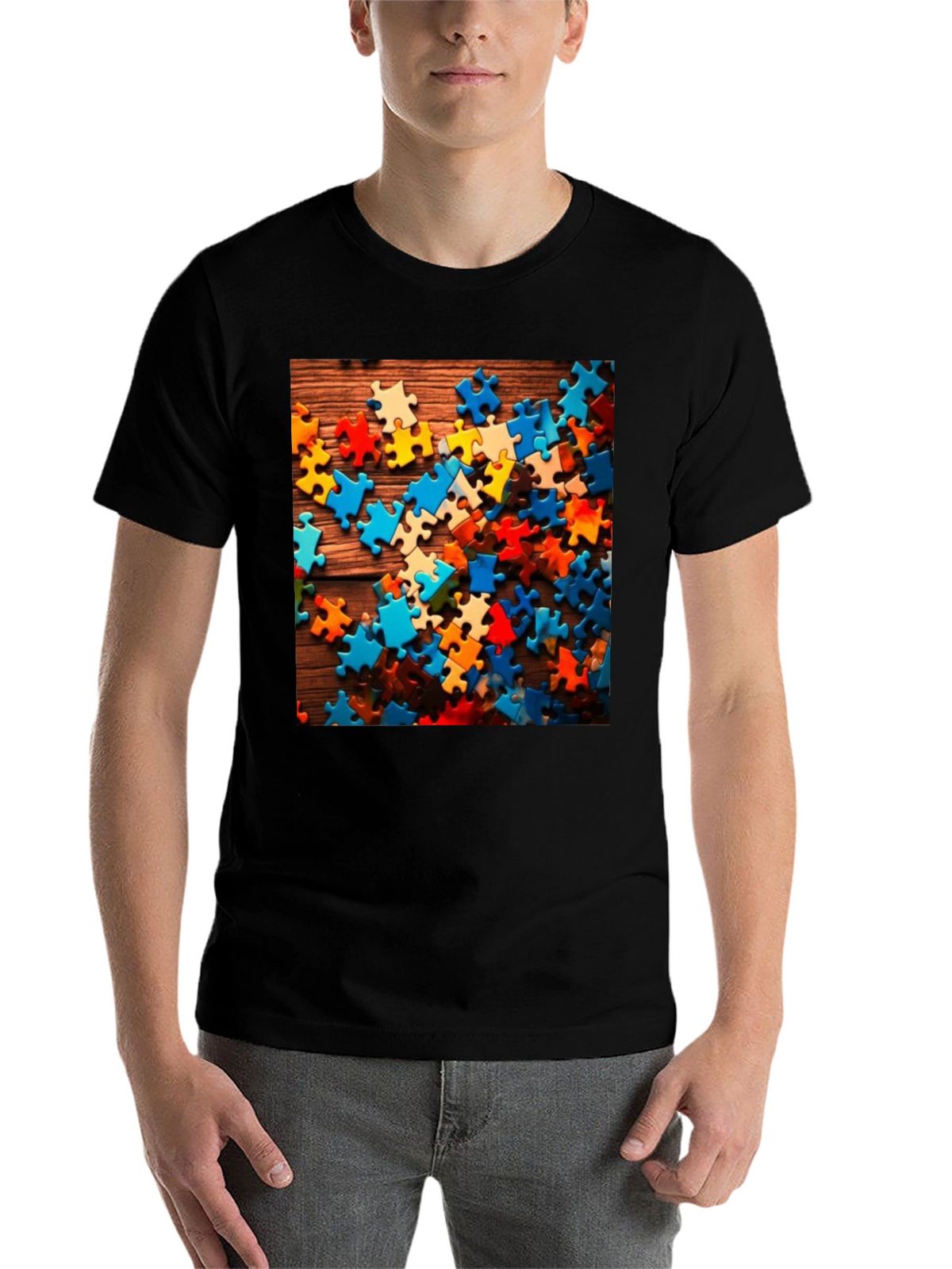 Puzzle Piece Graphic Tee - Black Cotton Blend