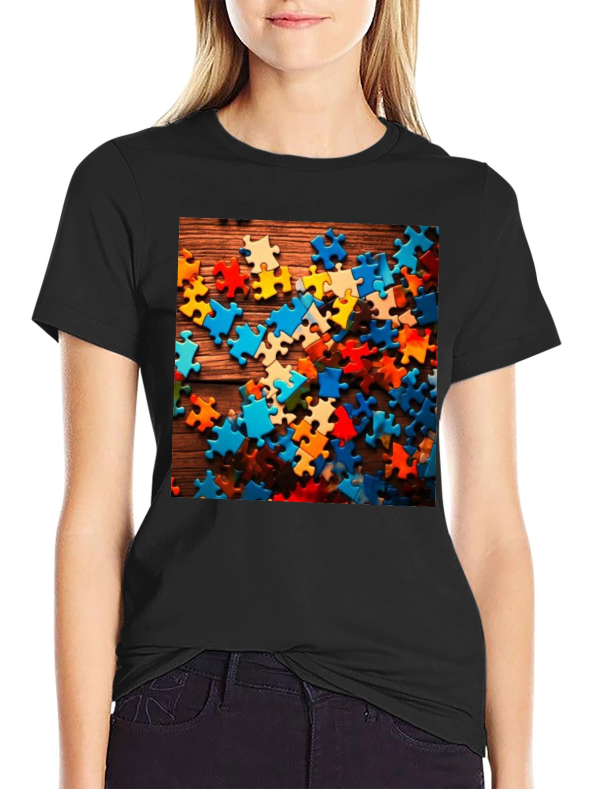Puzzle Piece Graphic Tee - Black Cotton Blend