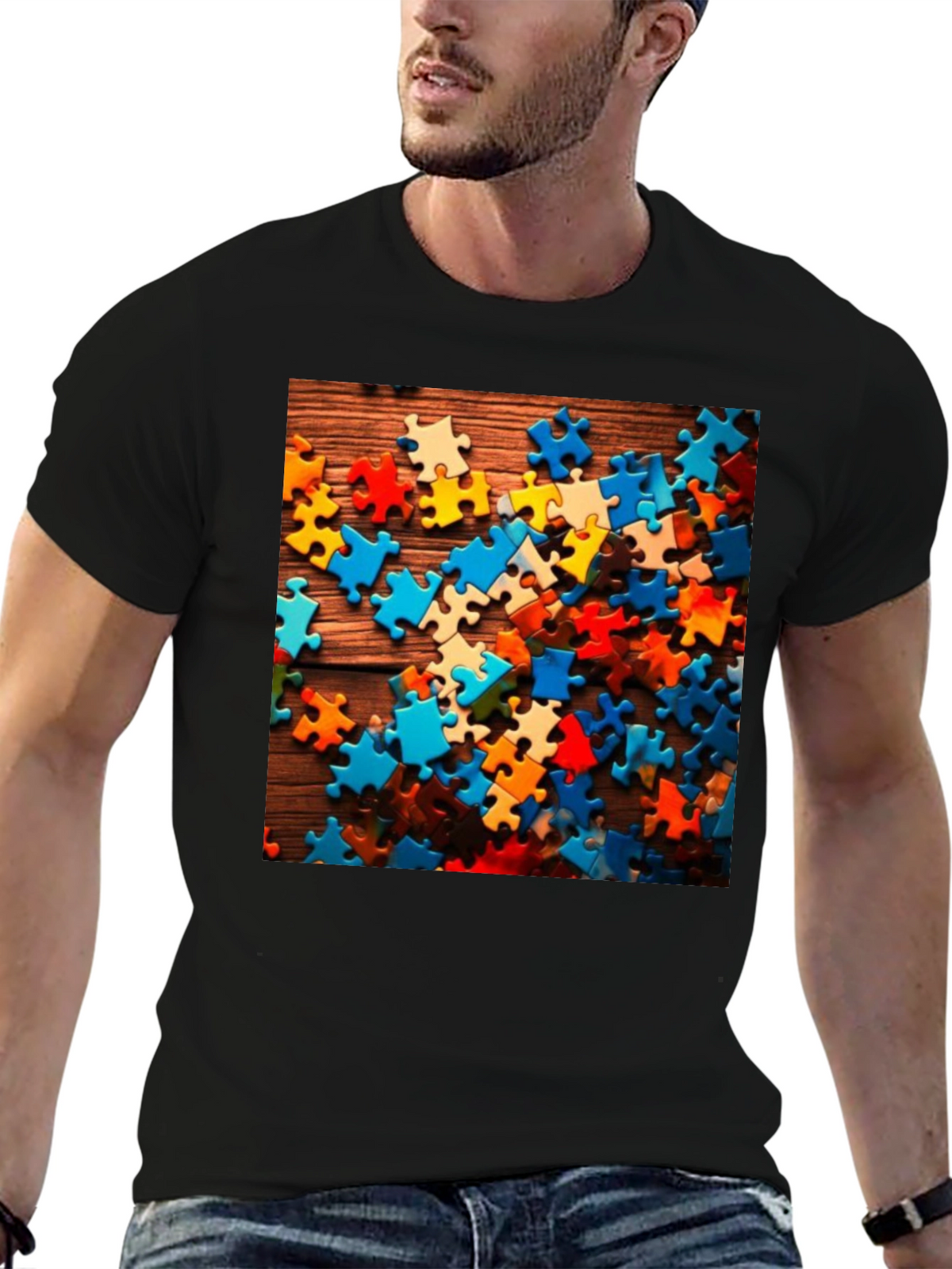 Puzzle Piece Graphic Tee - Black Cotton Blend