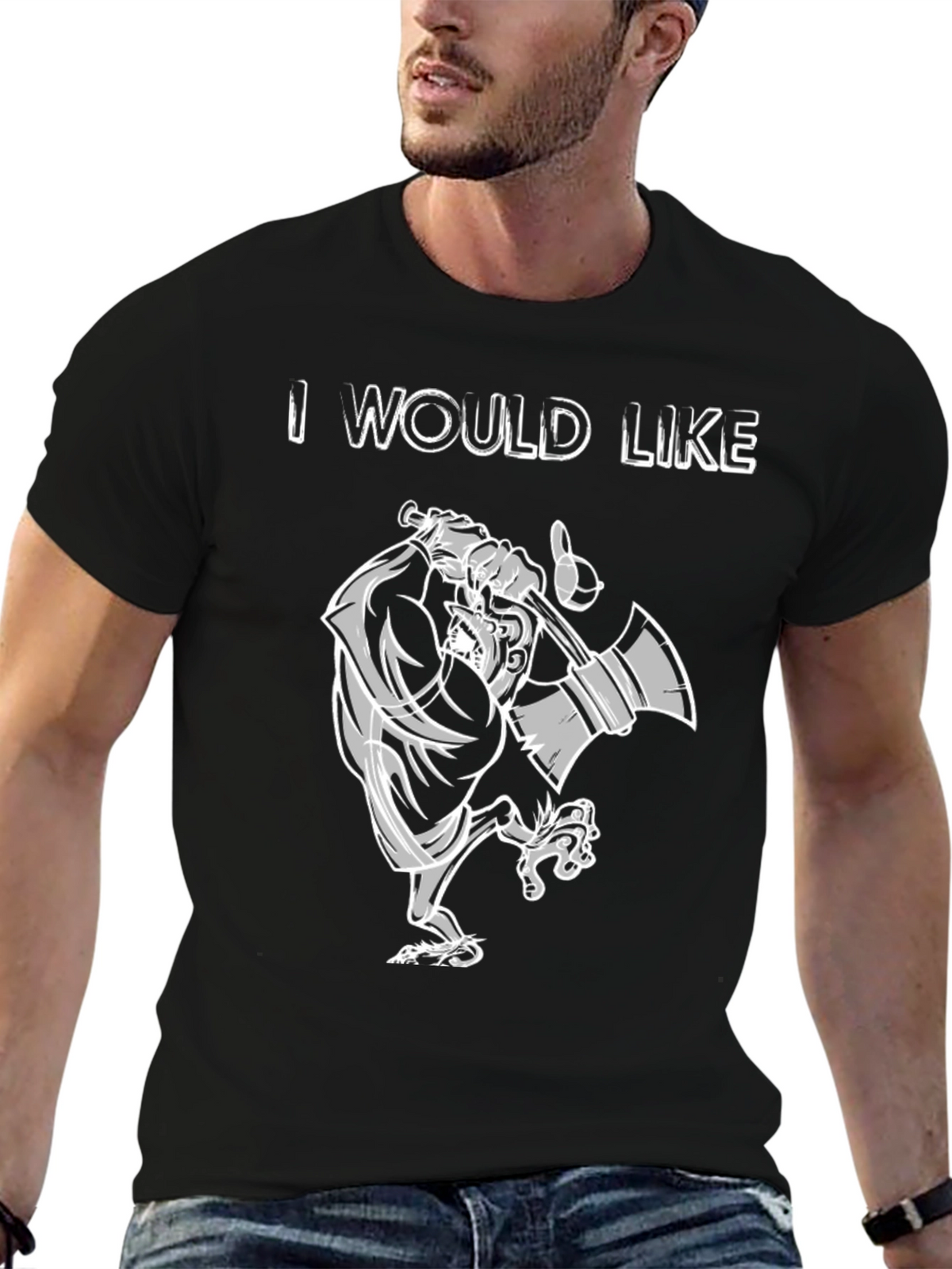 I Would Like T-Shirt - Cartoon Lumberjack Black Tee