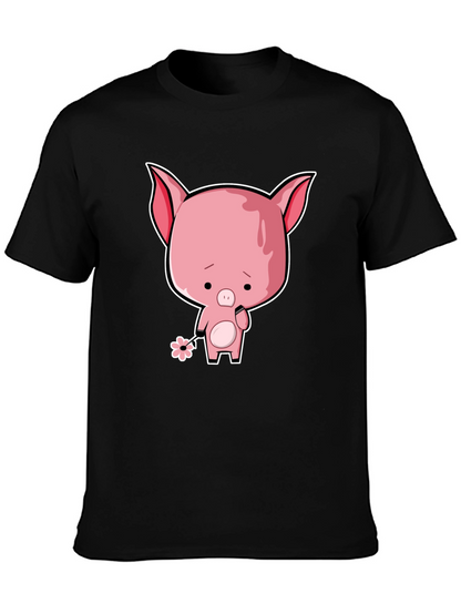 Sad Pig Cartoon T-Shirt - Black
