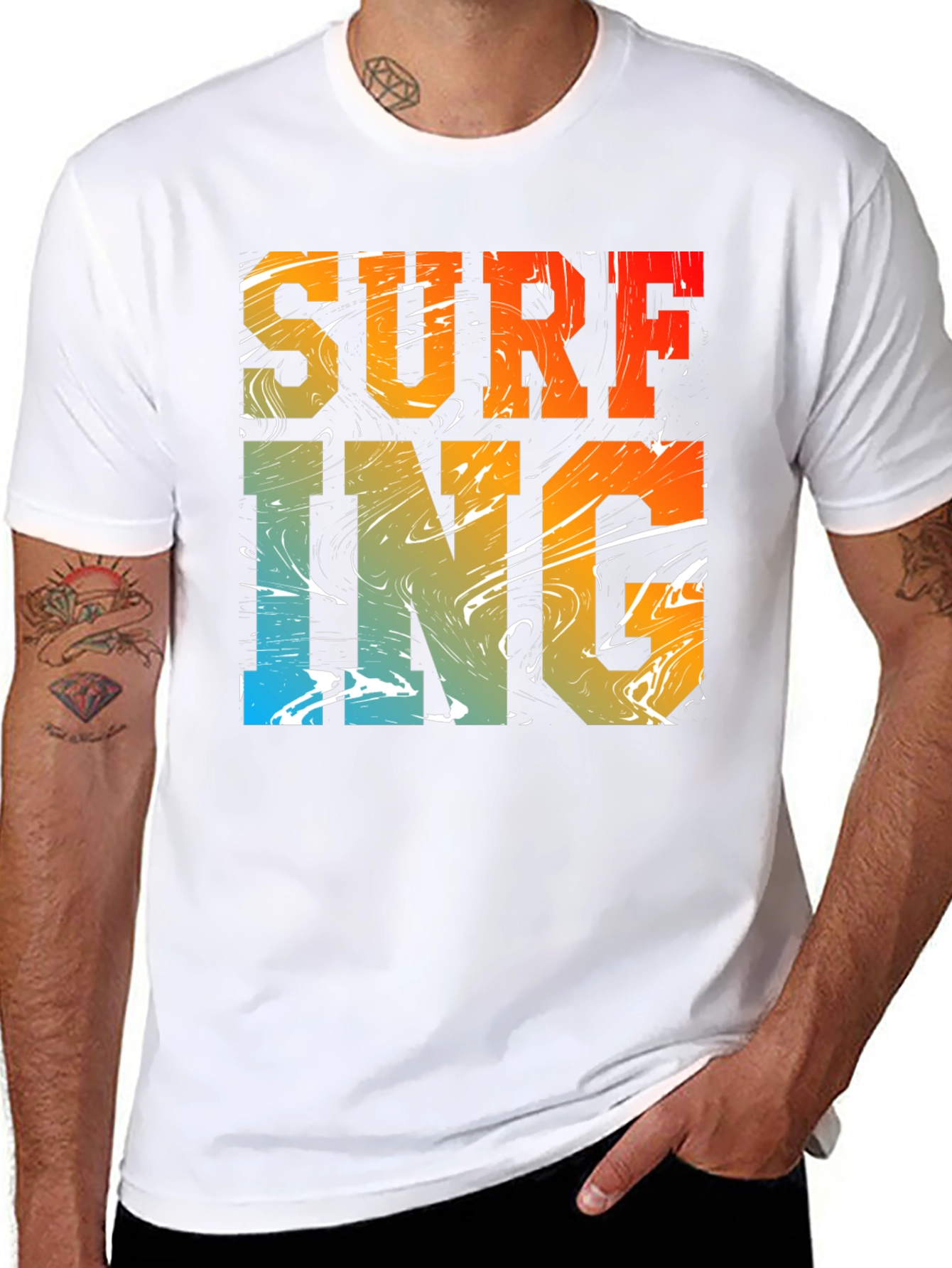 Surfing Graphic Print Black Crew Neck T-Shirt
