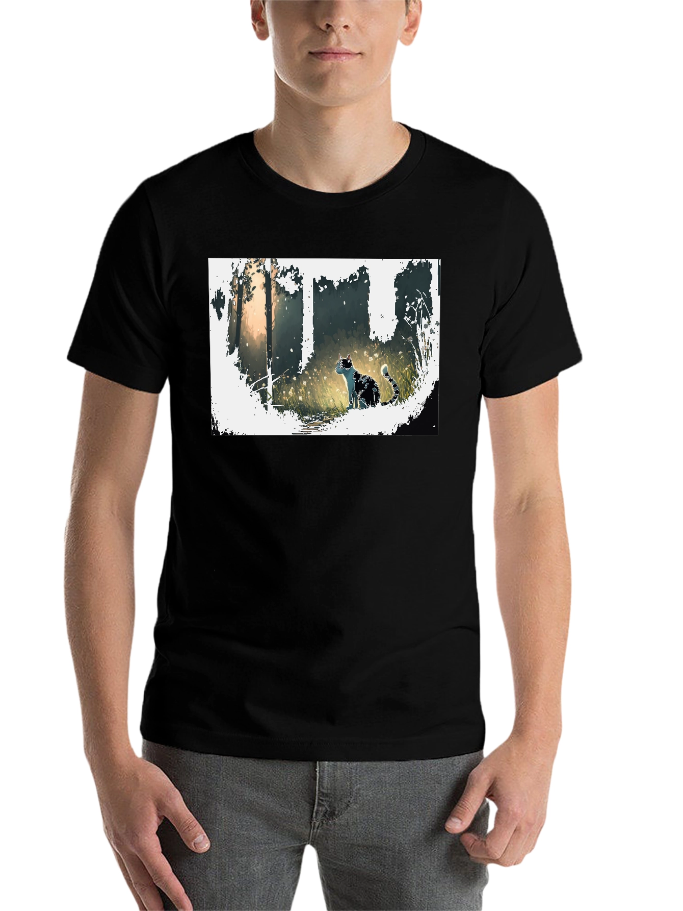 Nature Cat Graphic Tee - Stylish Black T-Shirt