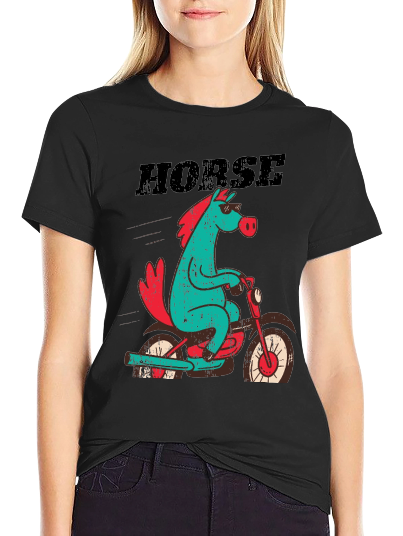 Horse on Motorcycle Graphic T-Shirt - Black