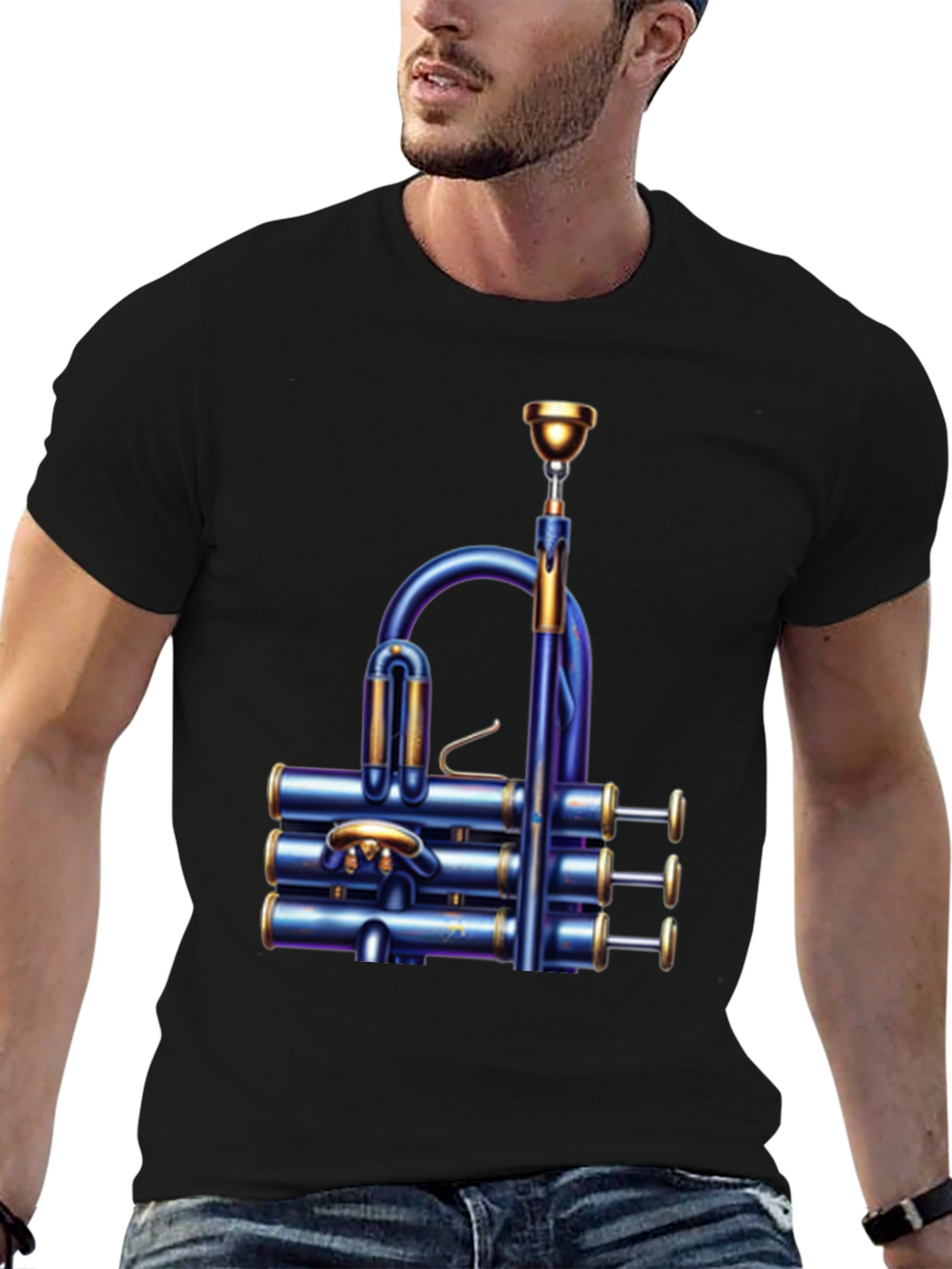 Unique Blue Trumpet Graphic T-Shirt