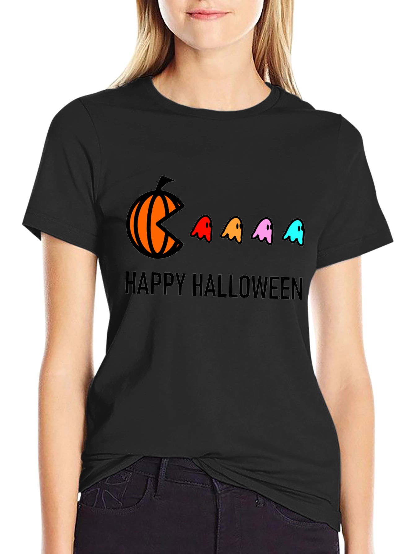 Happy Halloween T-Shirt - Pumpkin Pacman Ghost Design