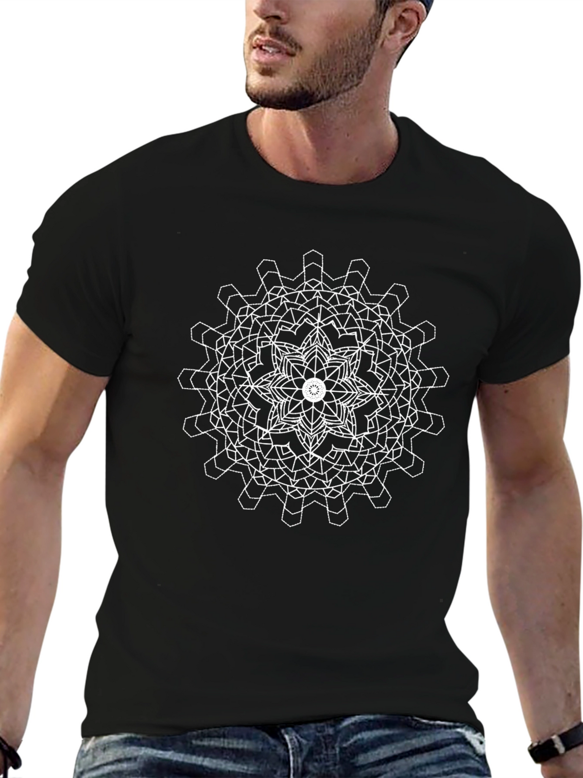 Geometric Mandala Graphic Tee - Black Cotton Blend