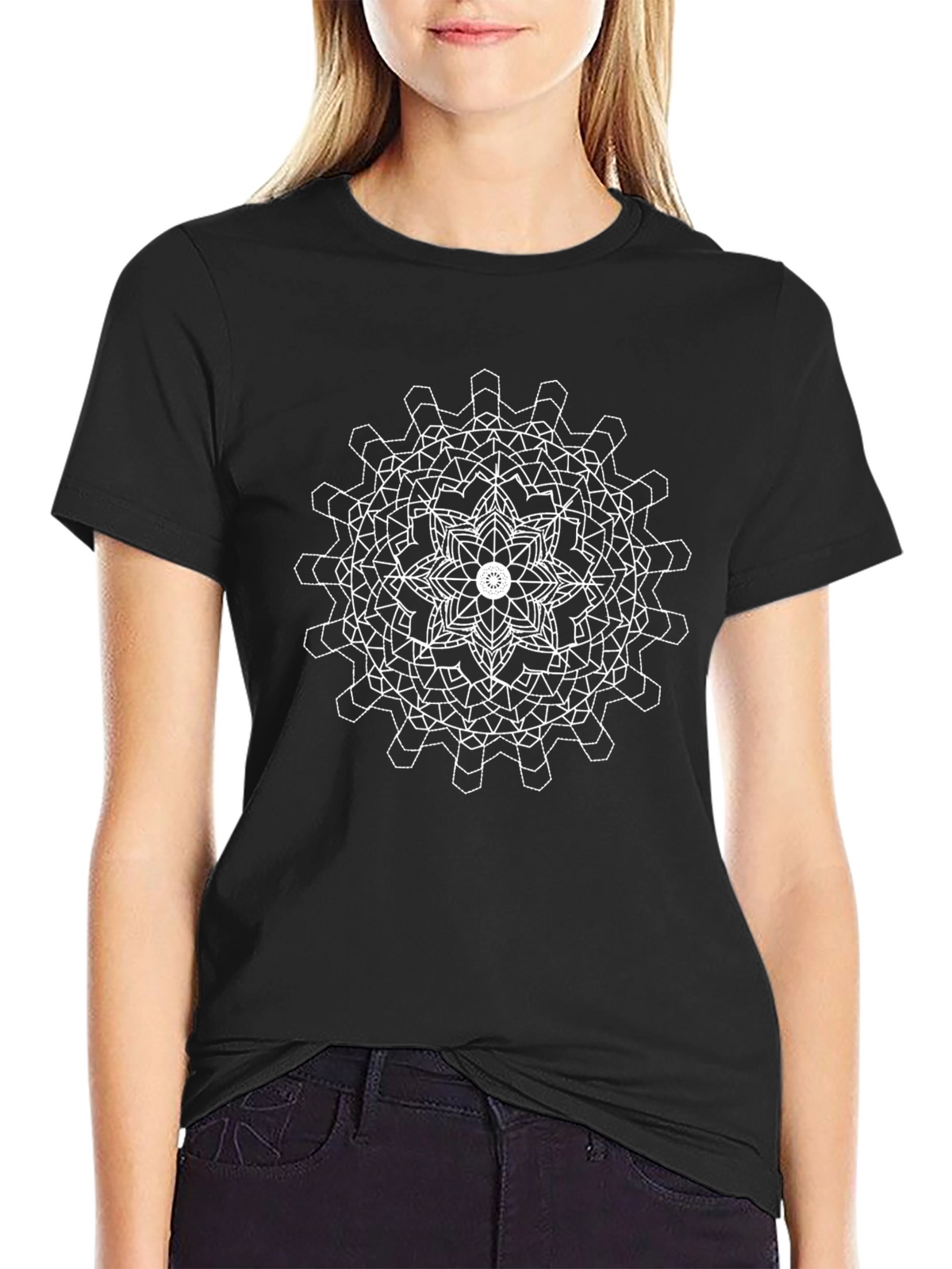 Geometric Mandala Graphic Tee - Black Cotton Blend