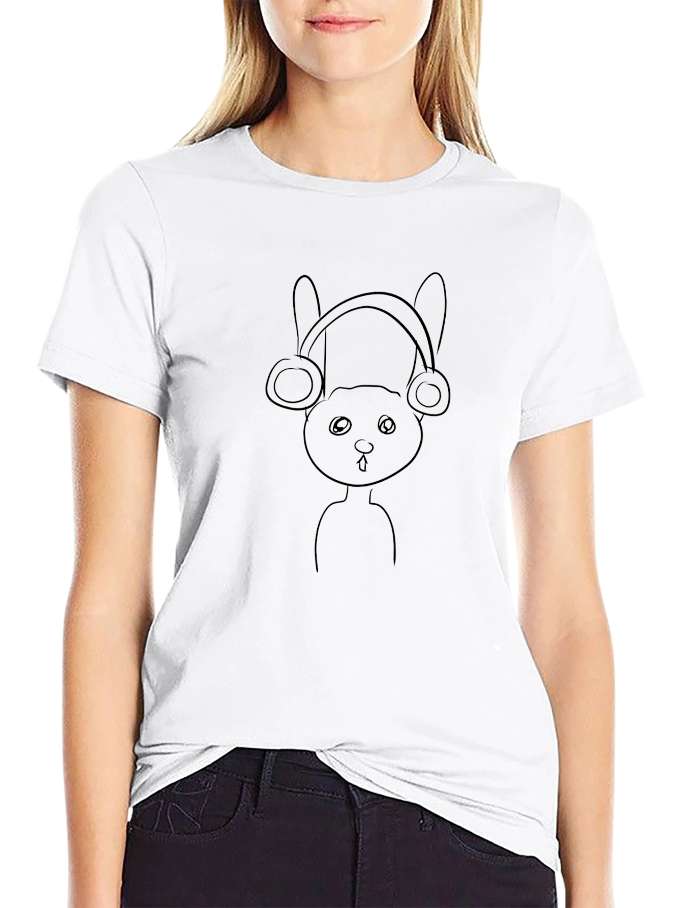 Black T-Shirt with Bunny Headphones Graphic