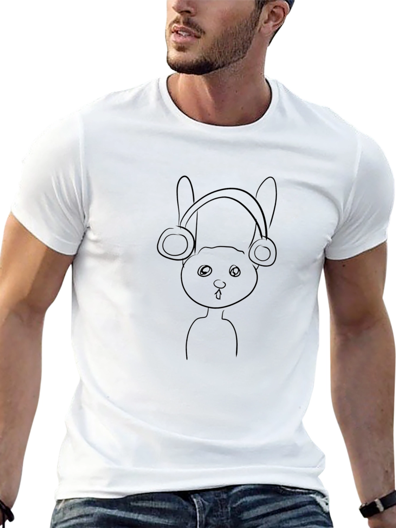 Black T-Shirt with Bunny Headphones Graphic