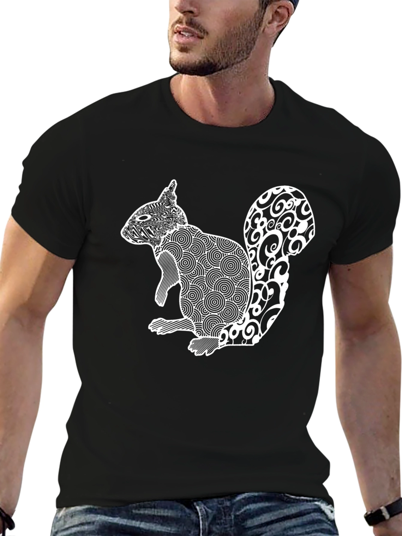 Abstract Squirrel Graphic Print Tee - Black