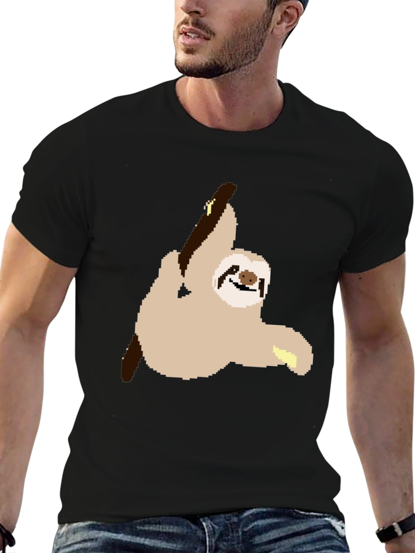 Pixel Sloth on Black T-Shirt